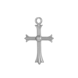 Close-up of vintage stainless steel cross pendant with central ball detail for jewelry DIY