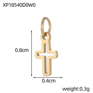 Detailed dimension view of small 0.8cm gold stainless steel hollow cross pendant