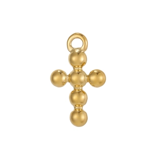 Vintage golden spherical cross pendant with polished finish and top ring on white background