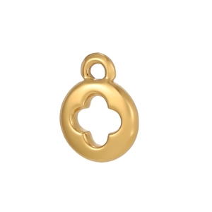 Polished gold circular moon and star charm featuring a hollow quatrefoil center design