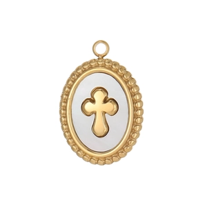 Ovaler Retro-Edelstahlanhänger mit goldenem Kreuz und weißem Perlmutt-Hintergrund