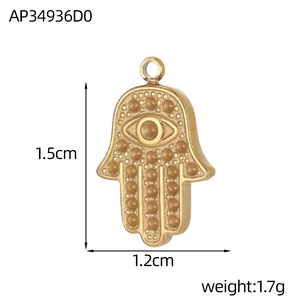 Colgante Hamsa dorado con ojo calado, tamaño 1,5x1,2 cm y un peso de 1,7 g