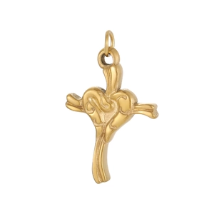 Gold-plated stainless steel heart-shaped cross pendant with textured branch-like design