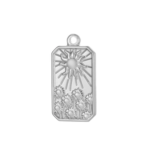 Silberner rechteckiger Tarot-Anhänger mit geprägtem Sonnen- und Sonnenblumenmotiv