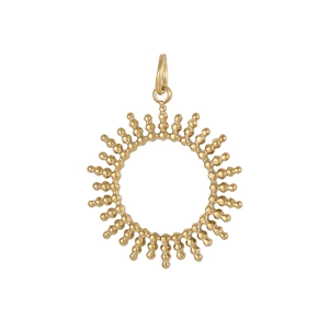 Detailed view of a golden sunburst pendant with polished metallic rays for DIY jewelry