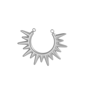 Macro detail of a silver stainless steel sunburst spike pendant with dual attachment rings