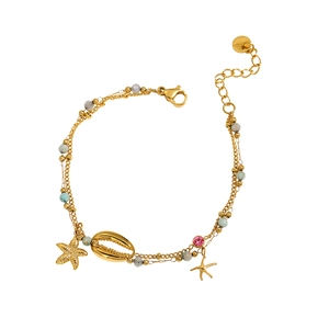 Collana boho dorata a strati con perle turchesi, stelle marine e ciondolo a conchiglia