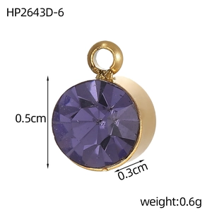 Macro shot showing dimensions 0.5cm and weight 0.6g of a round purple birthstone pendant