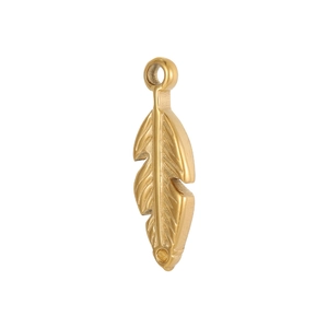 Polished gold plated stainless steel feather pendant with detailed texture for DIY jewelry