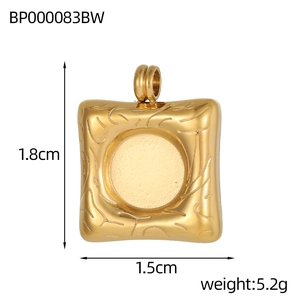 Detail of square gold pendant base with irregular texture and size specs 1.8cm by 1.5cm