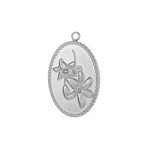Silberner ovaler Edelstahl-Anhänger mit Blumen-Prägung und Perlenrand-Verzierung