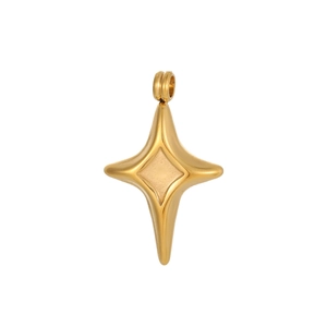 Macro detail of gold four-pointed star pendant with polished finish and frosted center