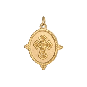 Pendentif ovale vintage en acier inoxydable or mat avec relief croix et bordure torsadée