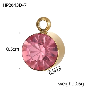 Macro detail of 5mm round pink cubic zirconia pendant with dimensions and weight