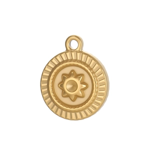 Pendentif rond en acier inoxydable doré avec texture rayons de soleil et motif étoile