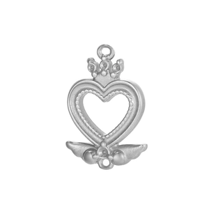 Detailed silver crown heart pendant with geometric wings and textured bead edge detail