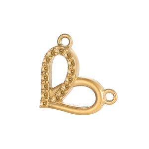 Golden heart-shaped jewelry pendant connector with embossed dot texture and dual loops