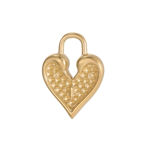 Detailed macro view of gold heart padlock pendant with beaded texture and keyhole detail