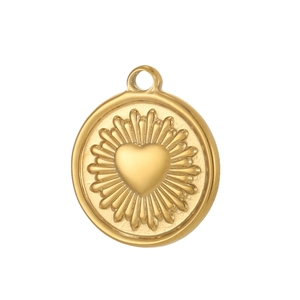 Golden irregular sunburst round pendant with a 3D heart motif in high-polished stainless steel