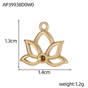 Macro view of gold lotus charm showing dimensions 1.3cm by 1.4cm and weight 1.2g