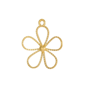 Macro detail of a minimalist gold hollow flower pendant with beaded milgrain texture
