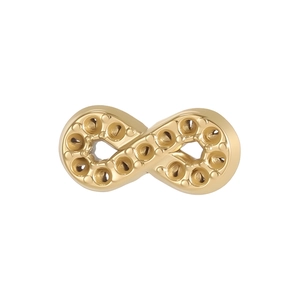 Detailed view of a gold infinity symbol pendant with circular pave setting base