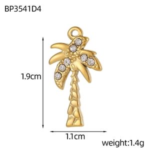 Detail van de 1,9cm vergulde kokosboom hanger met zirkonia inleg en afmetingen erbij