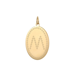 Detailed view of oval gold stainless steel pendant featuring a dotted letter M design