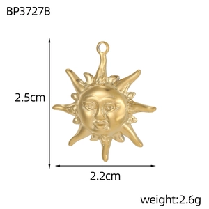 Detailed view showing dimensions and relief facial features of golden sun pendant