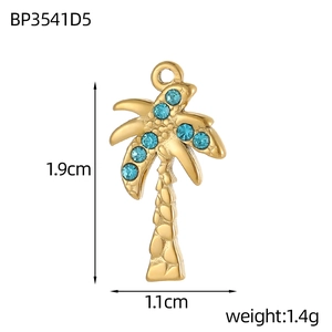 Gouden palmboom hanger met blauwe kristallen, afmeting 1,9cm x 1,1cm voor het maken van sieraden