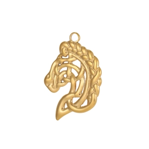 Polished gold horse head pendant with Celtic knotwork design and hollow texture