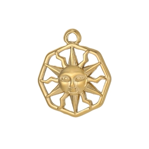 18K gold plated stainless steel sun face pendant with hexagonal frame for DIY jewelry