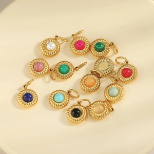 Golden round pendants with colorful natural stones and sunburst metal texture set