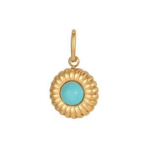 Golden round pendant with turquoise gemstone inlay and sunburst texture detailing