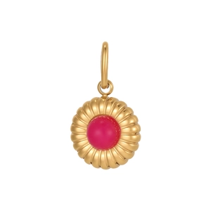 Close-up of golden sunflower pendant with rose pink gemstone and pleated edge detail