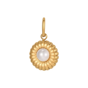 Vintage round stainless steel pendant with white stone inlay and pleated gold finish