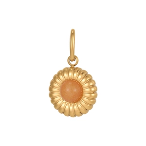 Detail of vintage gold-plated sunflower pendant with a round orange natural stone inlay