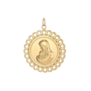 Runder Anhänger aus goldfarbenem Edelstahl mit religiösem Motiv und Relief