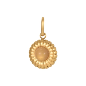 Detail view of sunflower-shaped pendant with 18K gold pleated petals and yellow gemstone