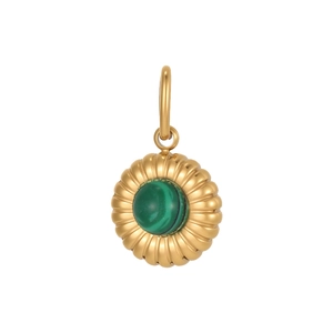 Close-up of a gold round pendant with natural green stone and sunburst pattern