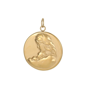 Makro-Detail eines goldenen runden Relief-Anhängers mit Madonna-und-Kind-Schnitzerei