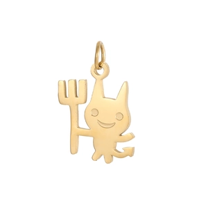 Close-up of golden cartoon little devil pendant with trident and curved tail
