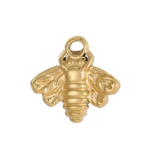 Polished golden stainless steel bee pendant with detailed carvings for jewelry making