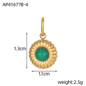 Macro detail of a ribbed gold pendant with an inset round green natural stone