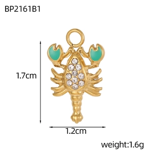 Detailed lobster pendant with green enamel claws and white rhinestones, size 1.7x1.2cm