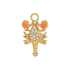 Golden lobster pendant with orange enamel and white rhinestones for DIY jewelry making