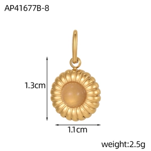 Detail view of sunflower pendant with golden petals and orange stone including size specs