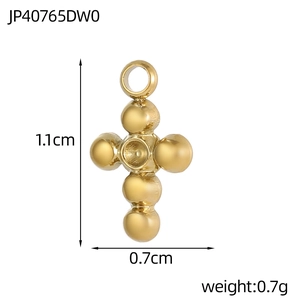 Detailed view of a gold-plated cross pendant with 1.1cm x 0.7cm size and 0.7g weight