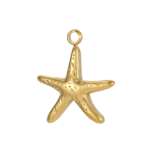 Detailed macro view of a golden starfish pendant with realistic textured metal surface