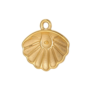 Close-up of golden shell-shaped stainless steel pendant with frosted texture finish